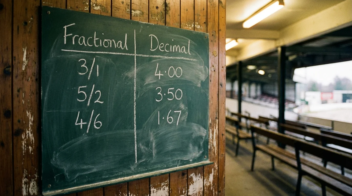 Clean chalkboard-style display showing fractional and decimal greyhound racing odds side by side