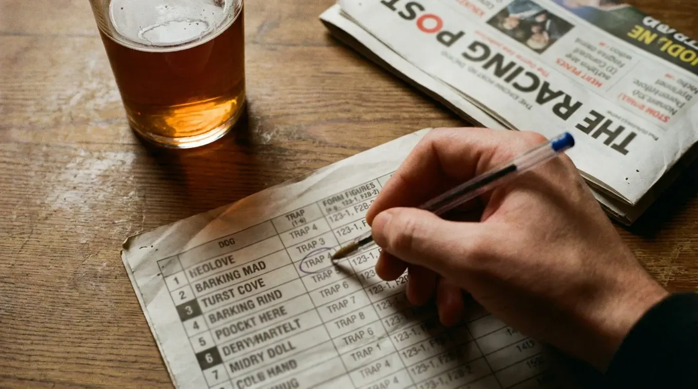 Close-up of a printed greyhound racecard with a pen marking trap draw and form figures