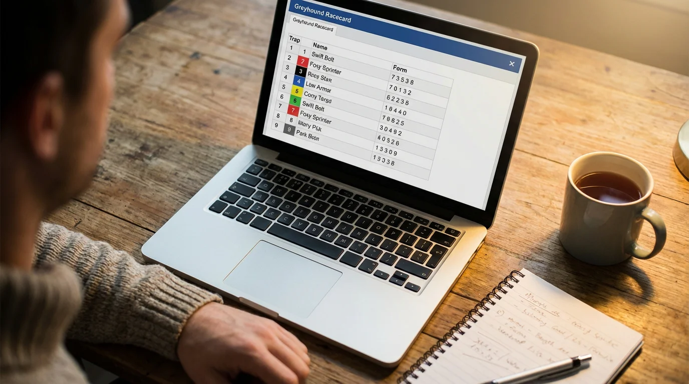 Person studying a greyhound racecard on a laptop screen with form data and race times visible