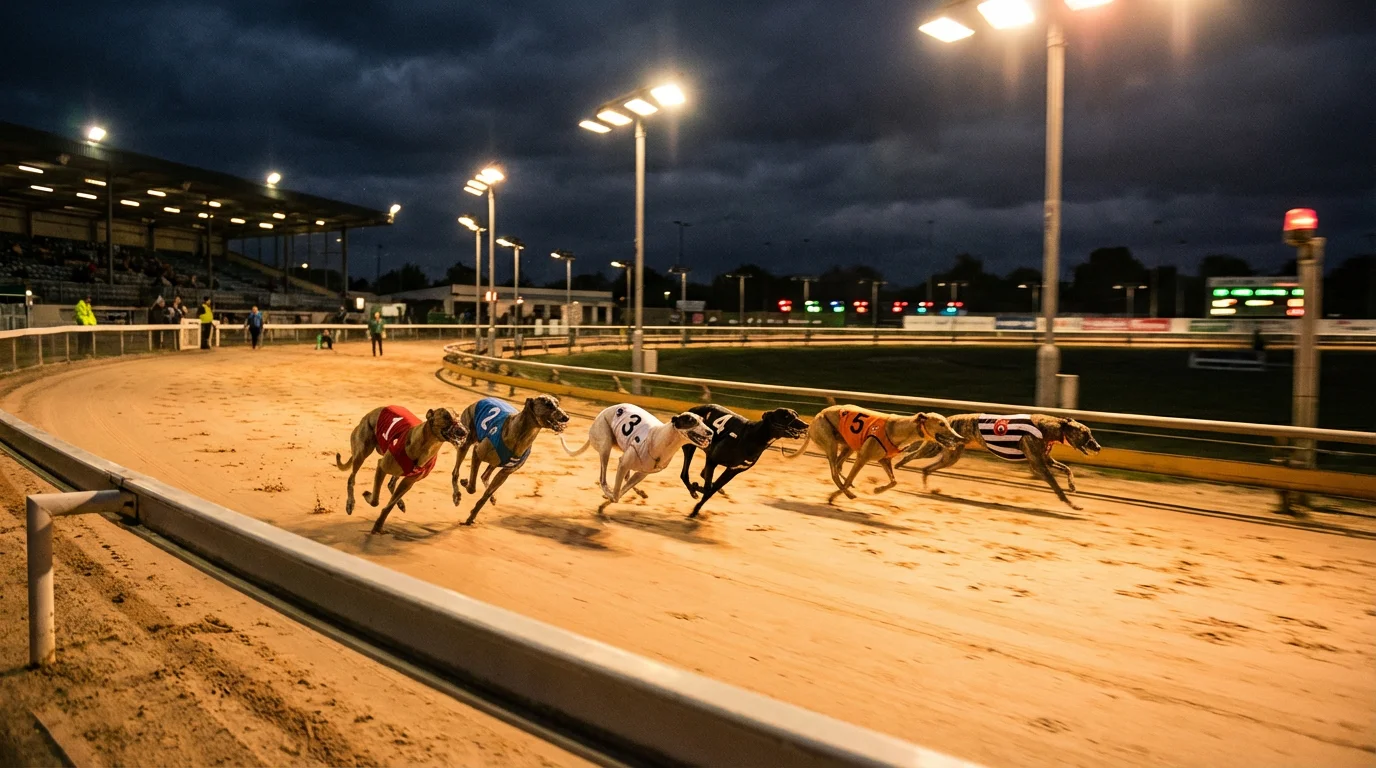 Greyhound dogs sprinting on a floodlit sand track during a live UK evening race meeting