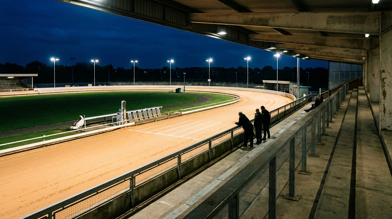Romford greyhound stadium overview showing the oval sand track under evening floodlights
