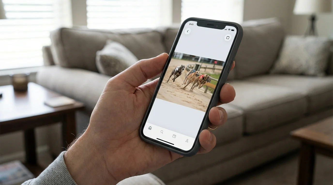 Smartphone showing a greyhound live stream with dogs racing on the screen held in a person's hand
