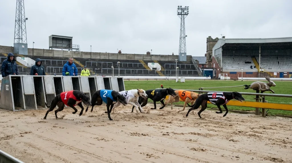 Daytime greyhound race at a UK BAGS track with dogs leaving the traps