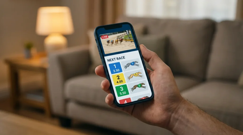 Smartphone showing a greyhound racing betting app with live stream and odds