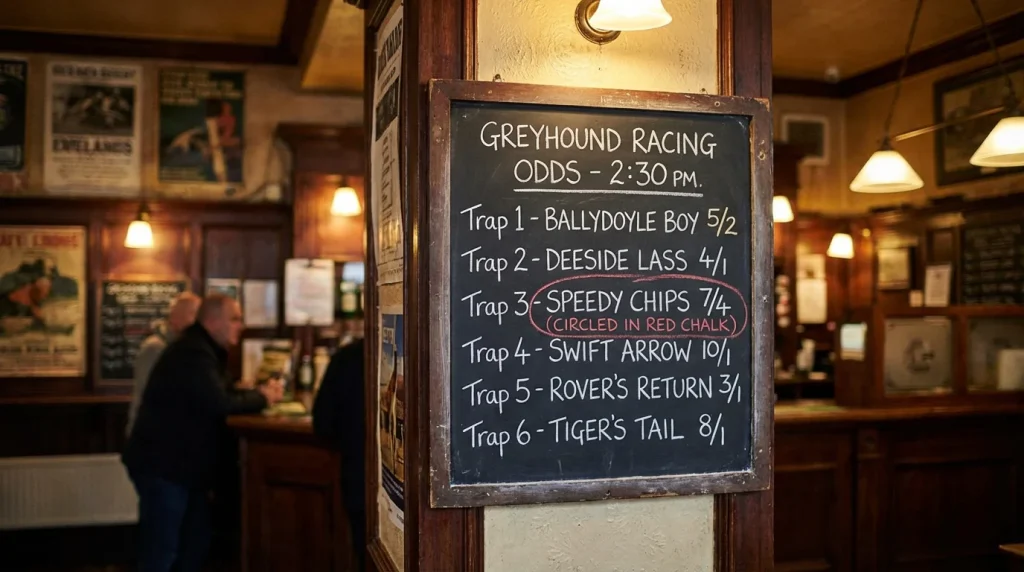 Bookmaker odds board showing greyhound race prices with a highlighted best price