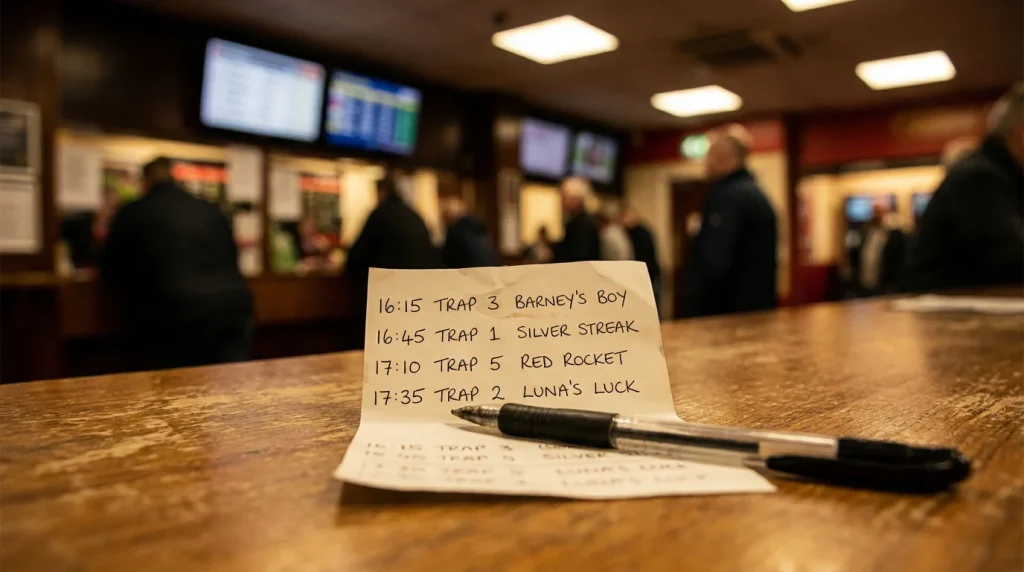 Betting slip showing multiple greyhound race selections for an accumulator