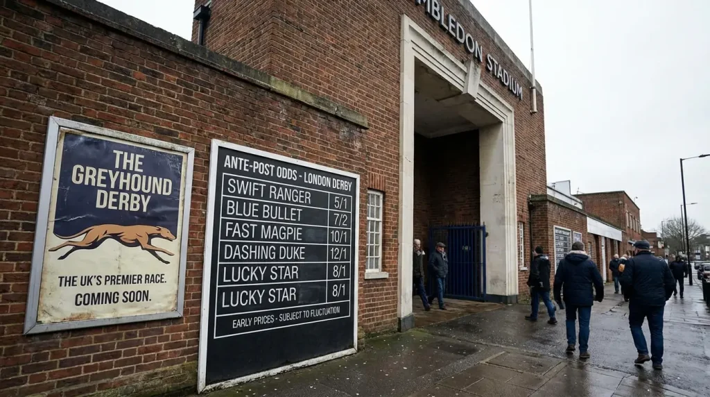 Greyhound Derby event poster on a stadium wall with early odds displayed