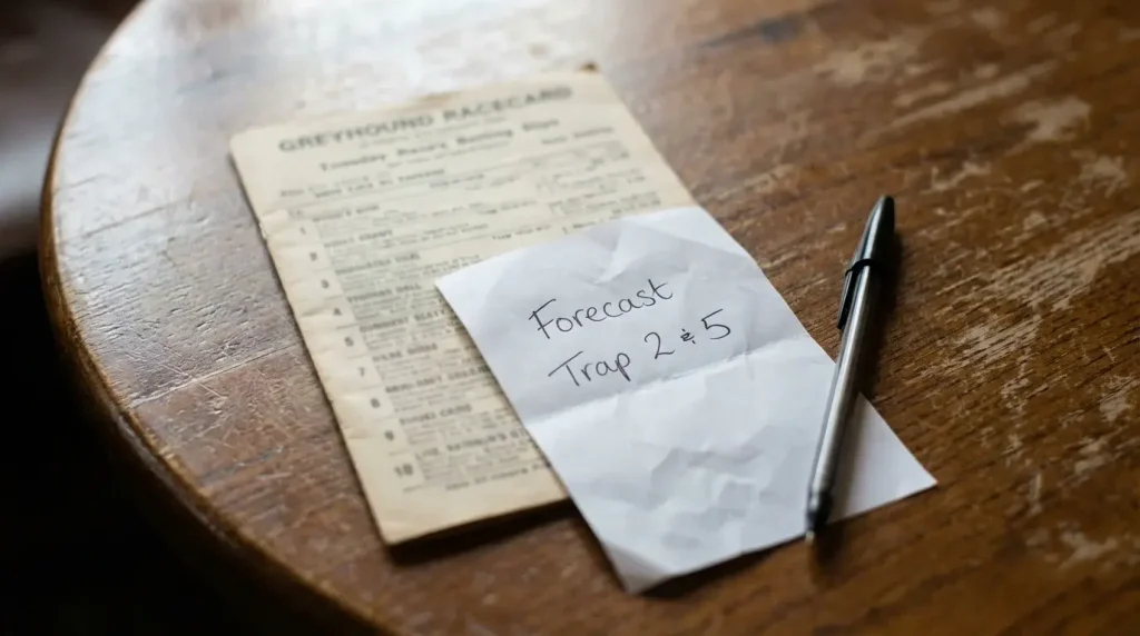 Betting slip for greyhound forecast and tricast bets at a UK dog track