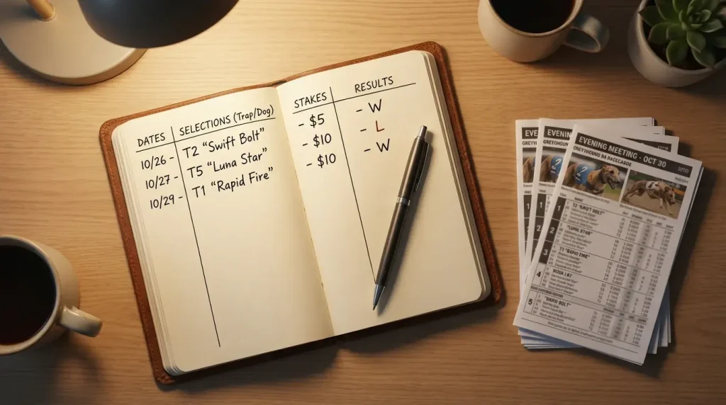 Notebook with handwritten betting records and a pen on a desk