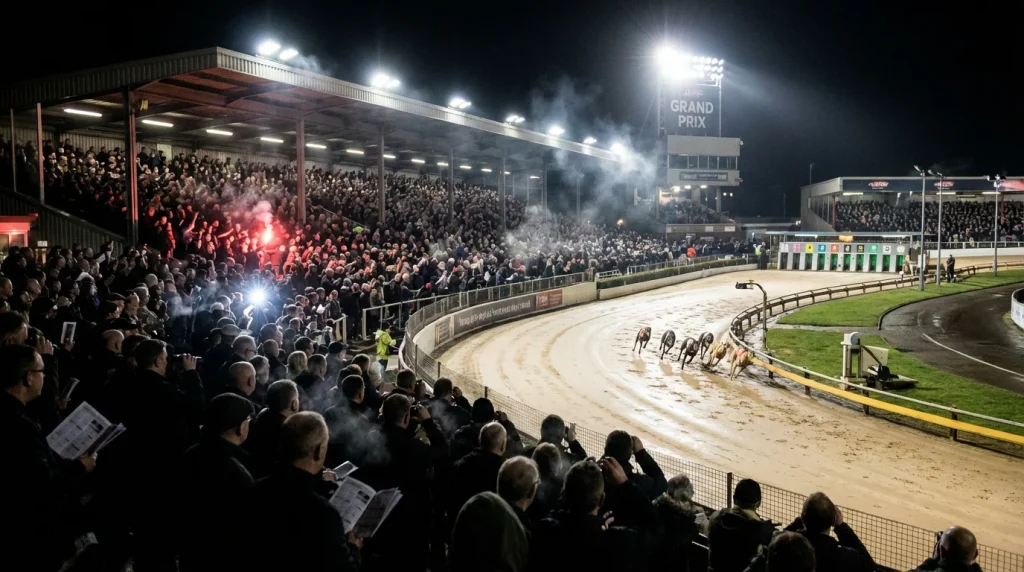 Floodlit greyhound track on a big race night with packed spectator stands