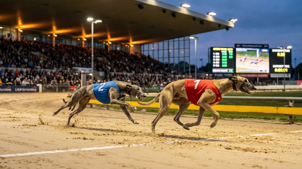 Greyhound finishing second in a close race with the winner just ahead