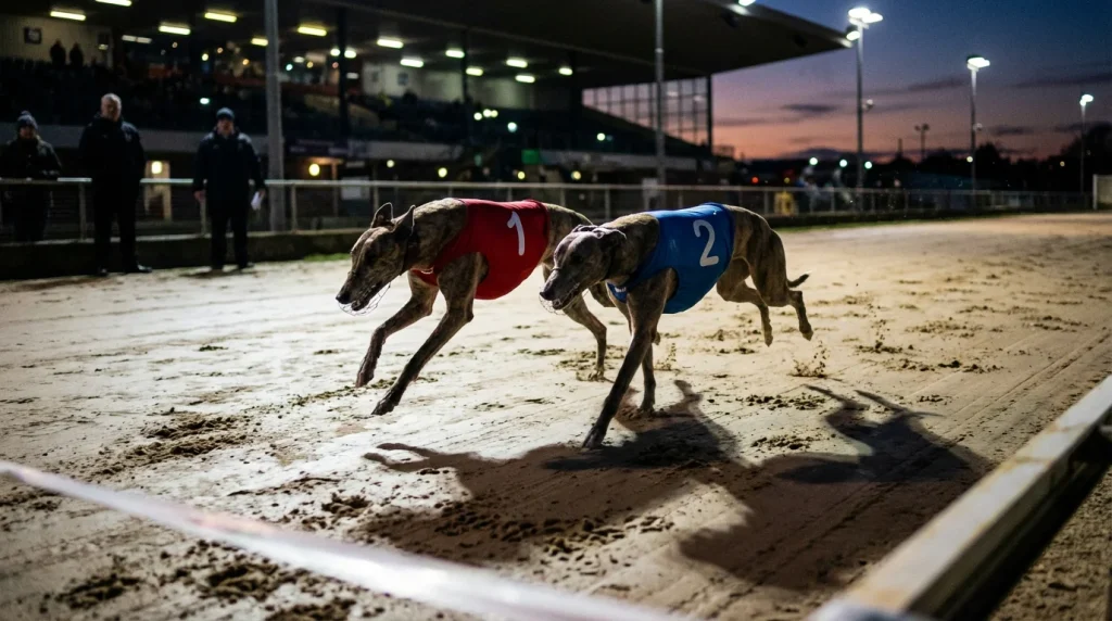 Two greyhounds racing neck and neck towards the finish line on a sand track