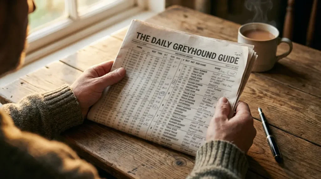 Person studying a greyhound form guide newspaper page with notes
