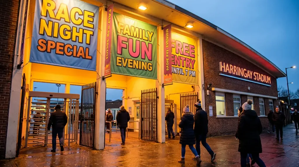 Colourful promotional banners at a greyhound stadium entrance advertising race night offers