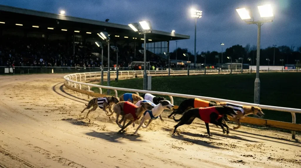 Greyhounds racing at full speed around a bend on a floodlit sand track