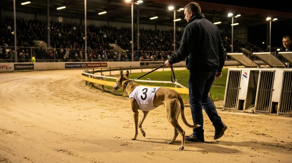 Young greyhound in a racing jacket being led to the starting traps by a handler