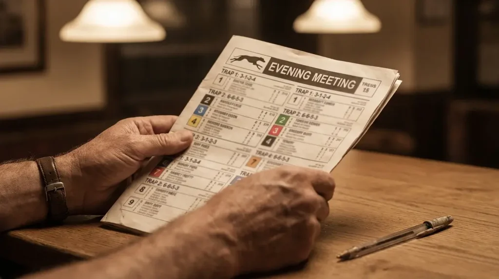 Close-up of a printed greyhound racecard held in hand with a pen