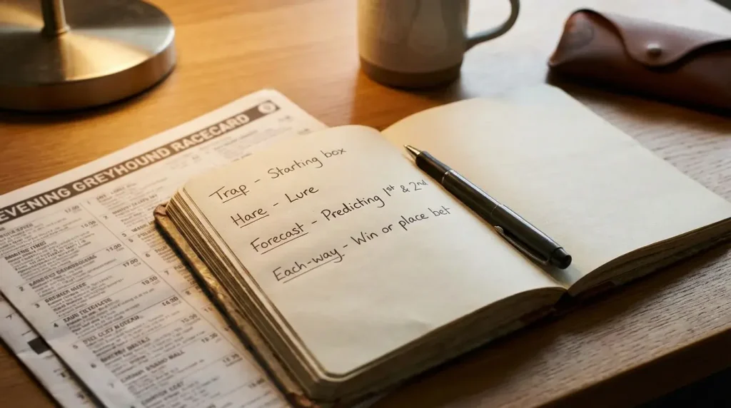 Open notebook with greyhound racing terms written alongside a racecard