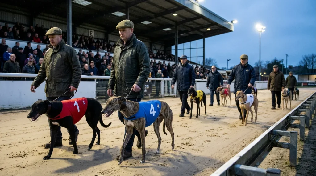 Greyhound dogs of different builds lined up before a graded race at a UK track