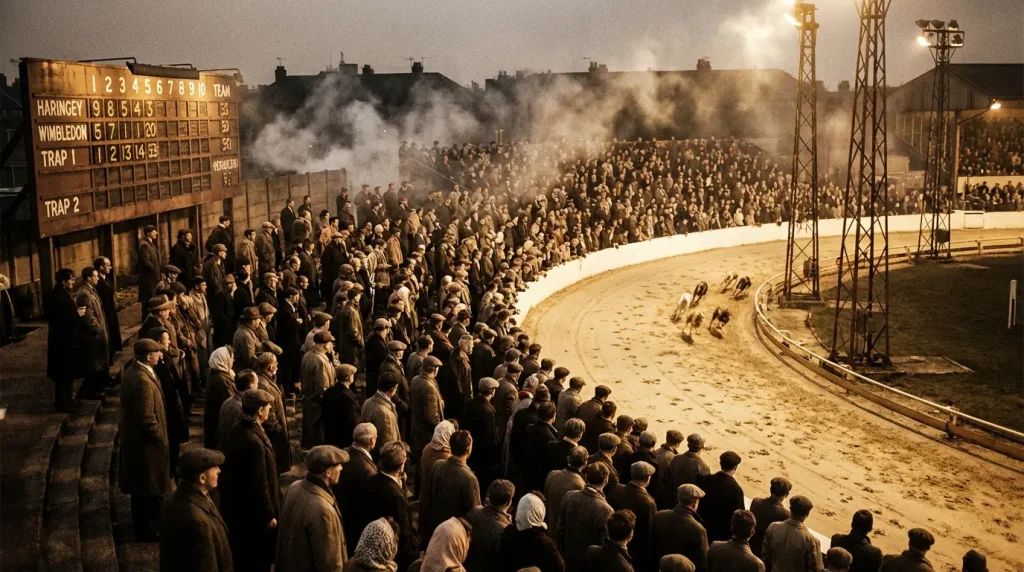 Vintage-style photograph of a packed UK greyhound stadium in the mid-twentieth century
