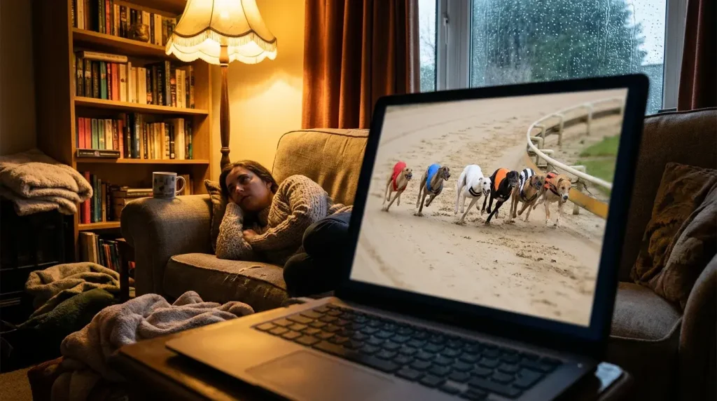 Person watching a greyhound race live stream on a laptop in a living room