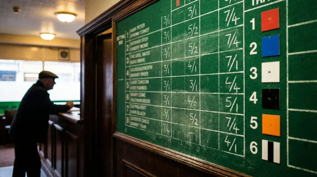 Greyhound racing odds displayed on a betting board at a UK track