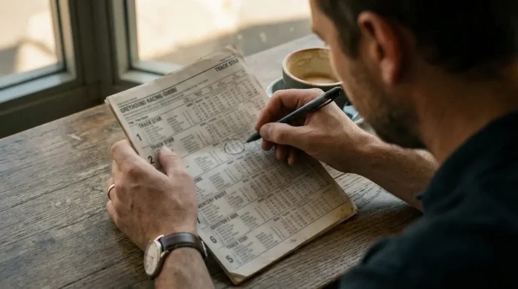 Punter studying a greyhound racing form guide with pen and racecard