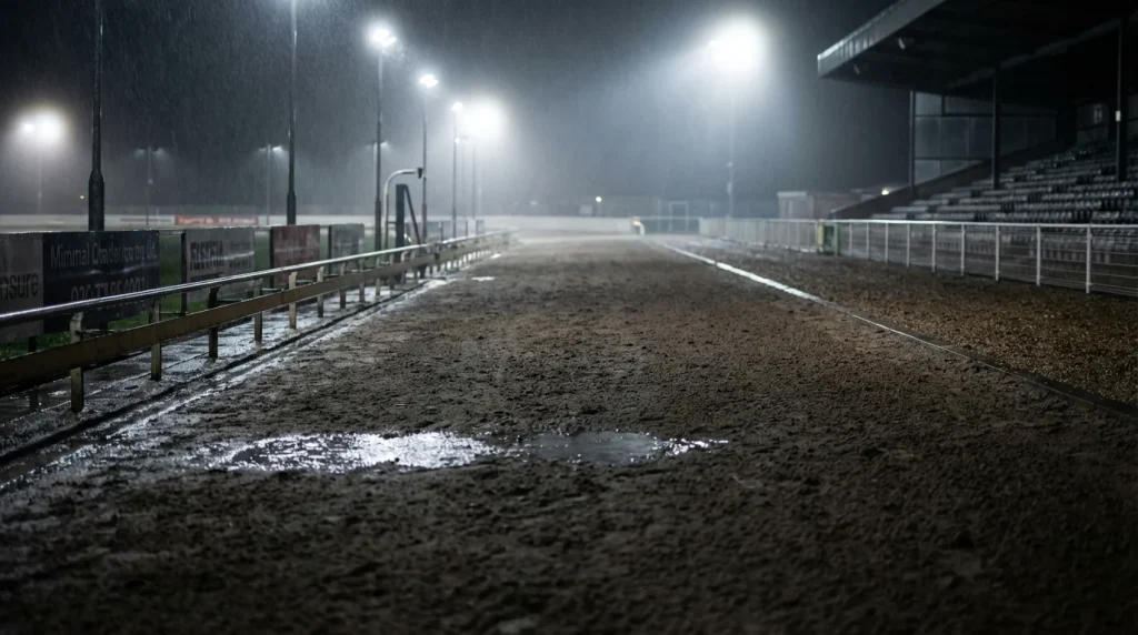 Wet sand surface of a greyhound track after rain with puddles reflecting floodlights