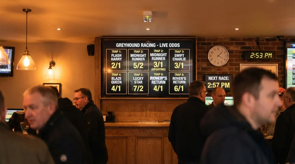 Bookmaker odds board with greyhound prices changing before race time