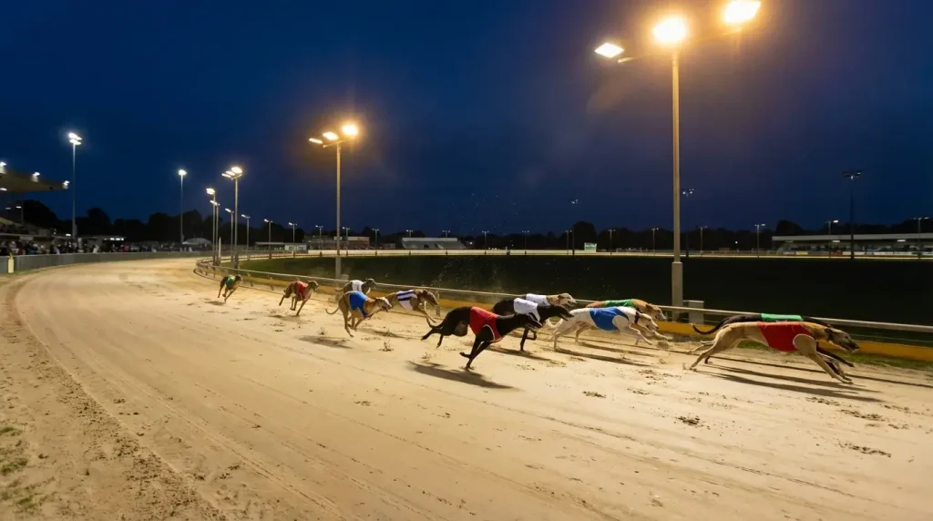 Greyhound racing on a long straight section of a sand track in a staying race