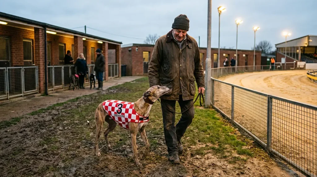 Greyhound trainer walking a racing dog on a lead in the kennel area before a meeting