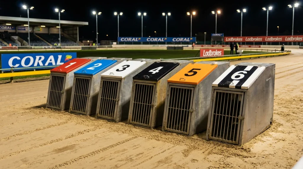 Six greyhound starting traps with coloured lids numbered one to six
