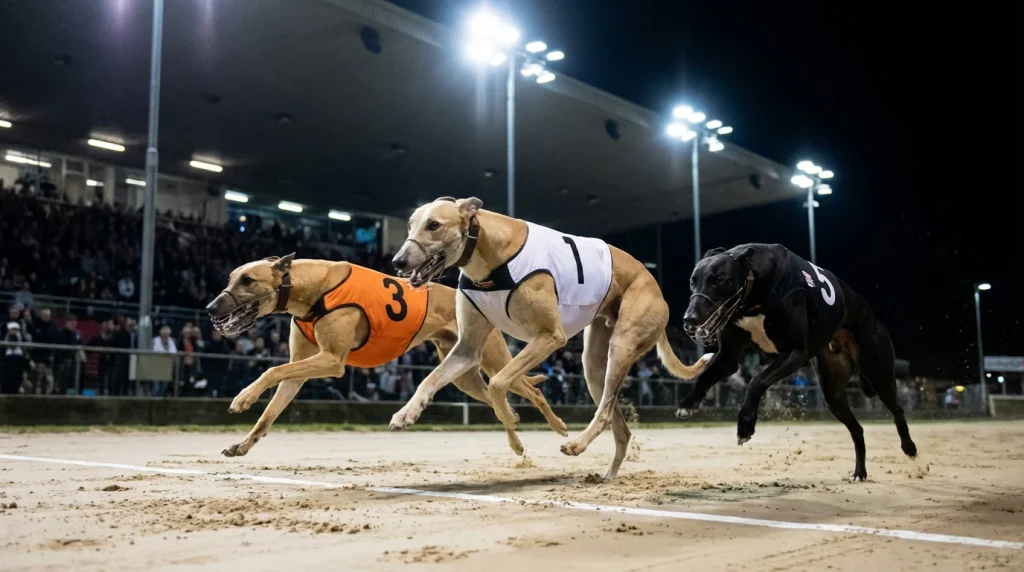 Three greyhounds crossing the finish line in a tight group under floodlights