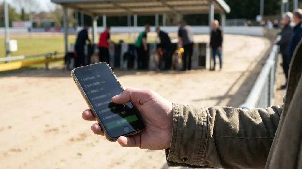 Person placing a greyhound bet on a mobile phone with a race about to start