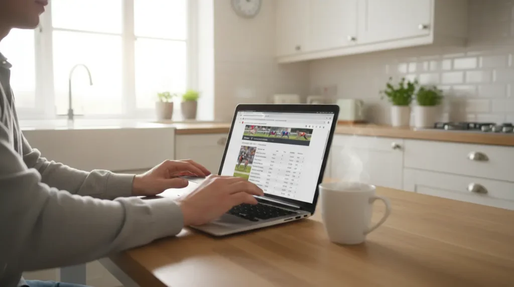 Person calmly closing a laptop after a greyhound betting session with a cup of tea nearby