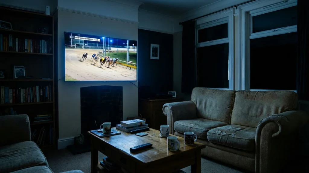 Television showing a live greyhound racing broadcast in a living room