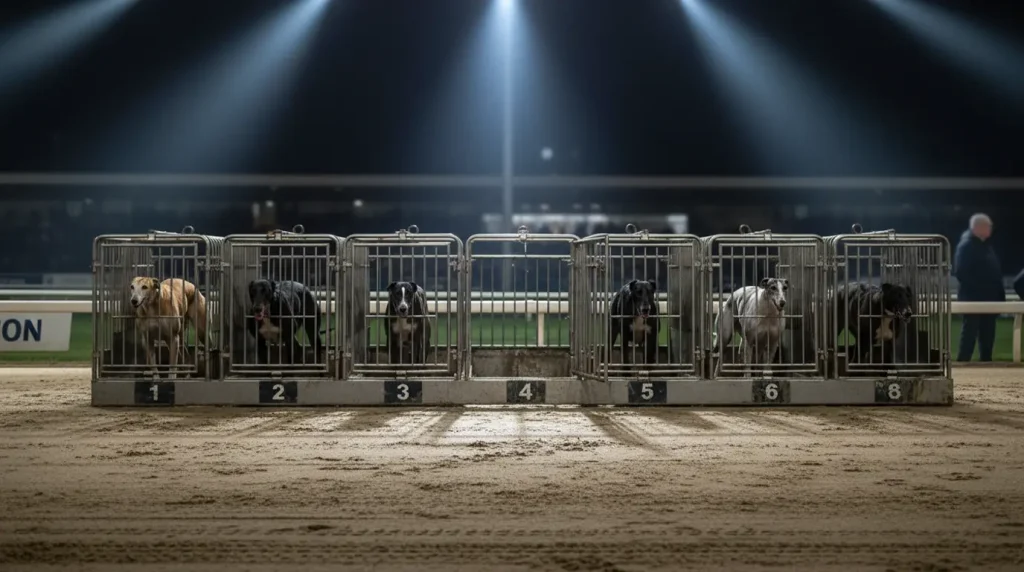 Empty greyhound starting trap with five dogs loaded and one trap open