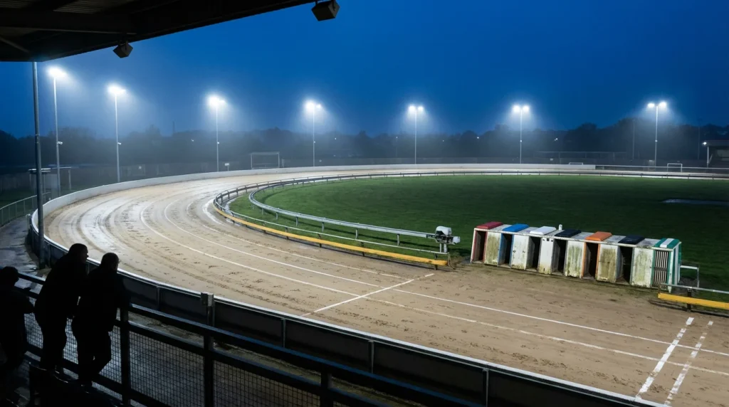 UK greyhound racing track with sandy oval and floodlights at an evening meeting