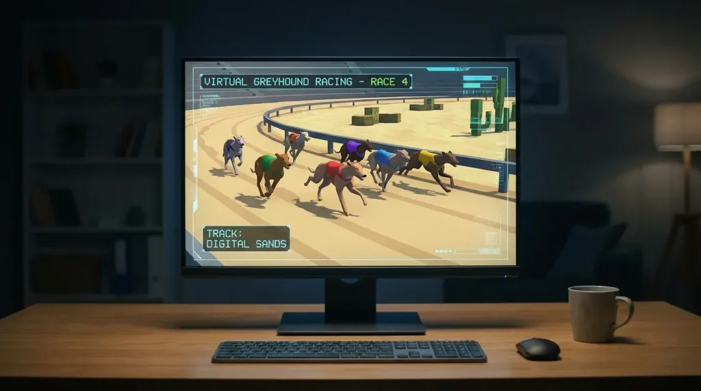 Computer screen showing a virtual greyhound race with animated dogs on a track